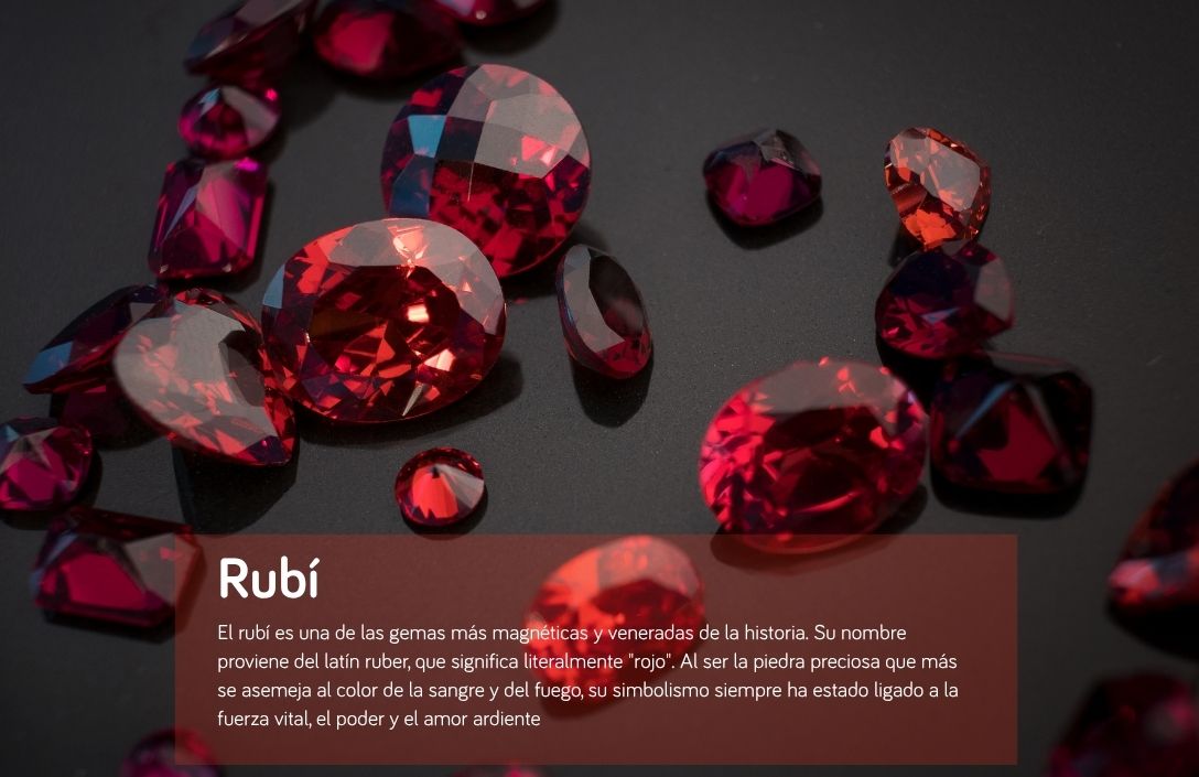 Macrofotografía de una colección de rubíes tallados en distintas formas (ovalada, redonda, marquesa, cuadrada) sobre una superficie reflectante oscura, ilustrando la guía de piedras de nacimiento de Joyería Marga Mira. En la esquina inferior izquierda, un recuadro semitransparente con el título "Rubí" y el texto explicativo detallado: "El rubí es una de las gemas más magnéticas y veneradas de la historia. Su nombre proviene del latín ruber, que significa literalmente 'rojo'. Al ser la piedra preciosa que más se asemeja al color de la sangre y del fuego, su simbolismo siempre ha estado ligado a la fuerza vital, el poder y el amor ardiente."